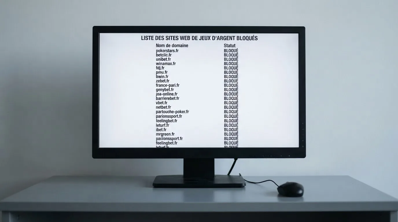 écran d'ordinateur affichant une longue liste de sites de jeux bloqués