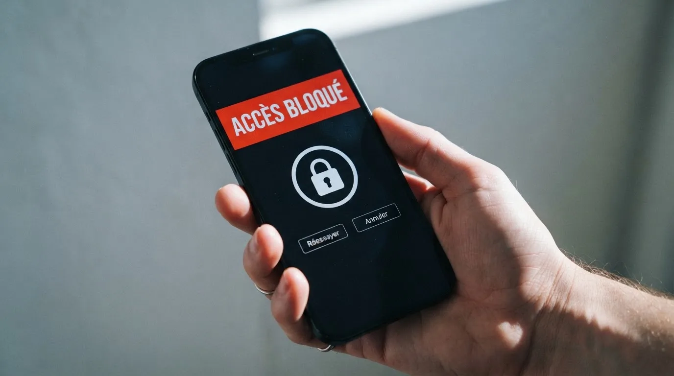 Main tenant un smartphone affichant un message d'avertissement d'accès bloqué