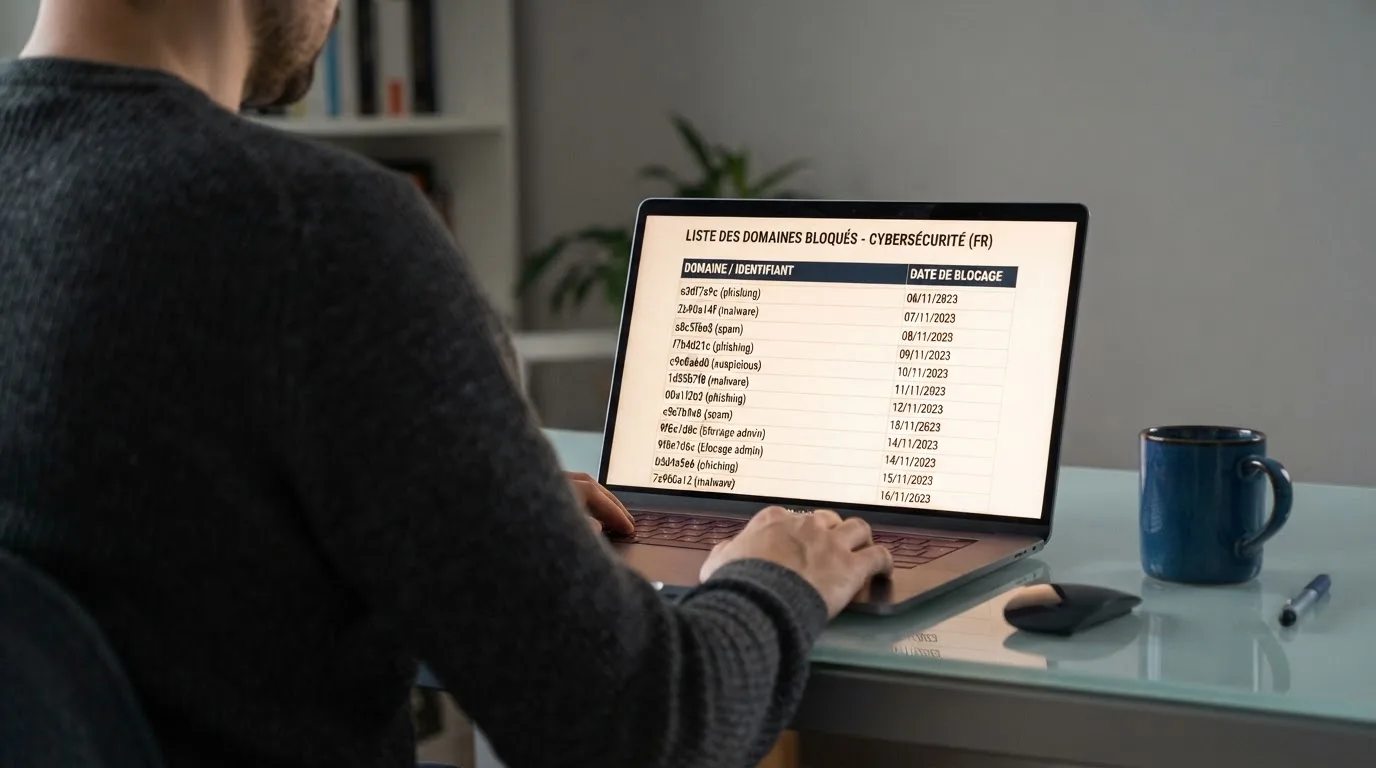 A browser window displaying a long CSV-style list of blocked website domains with decision dates in a column, no brand logos