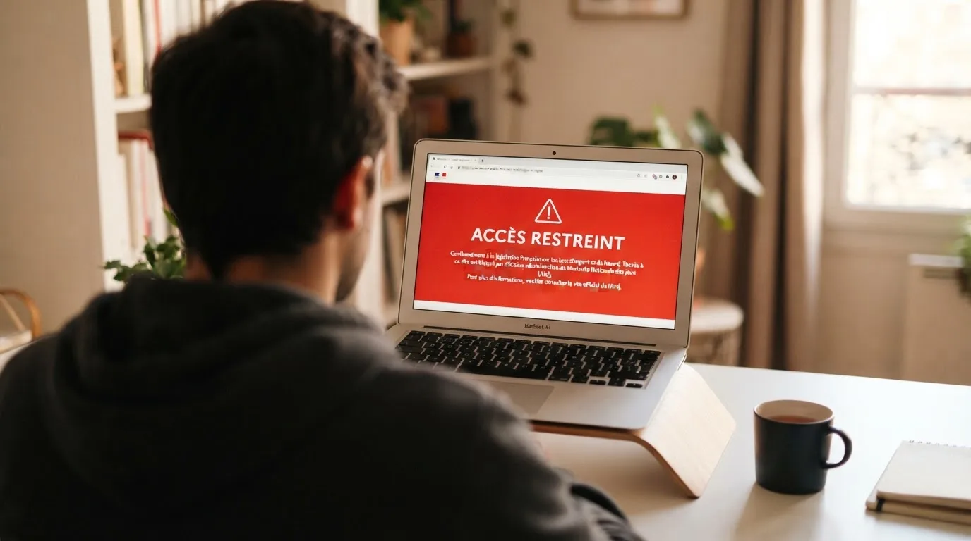 Page d'un navigateur affichant un message d'accès bloqué à un site de jeu, symbolisant le blocage administratif