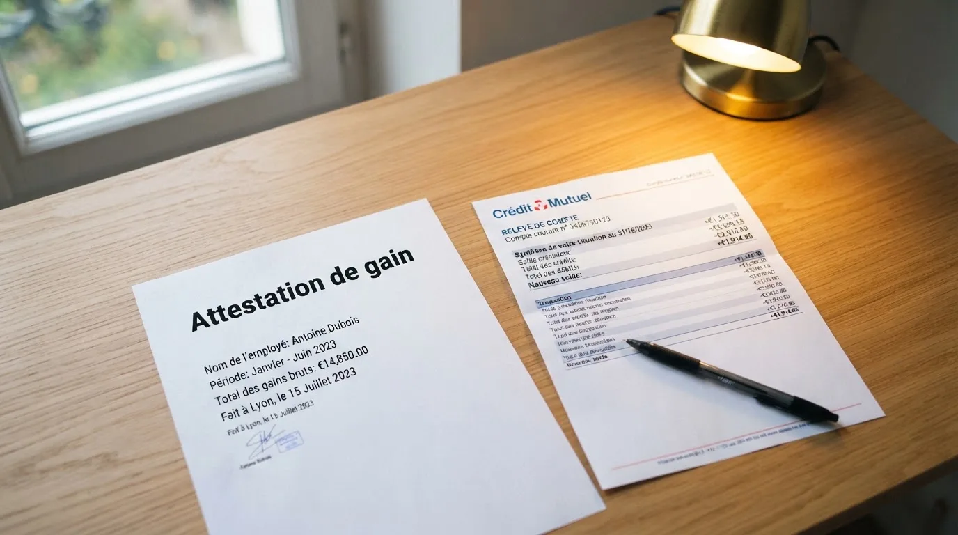 Document d'attestation de gain posé à côté d'un relevé bancaire sur un bureau