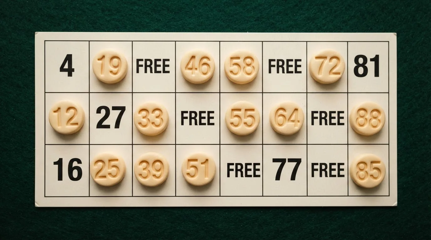 Grille de bingo avec un carton 3 lignes sur 9 colonnes et des jetons numérotés posés dessus