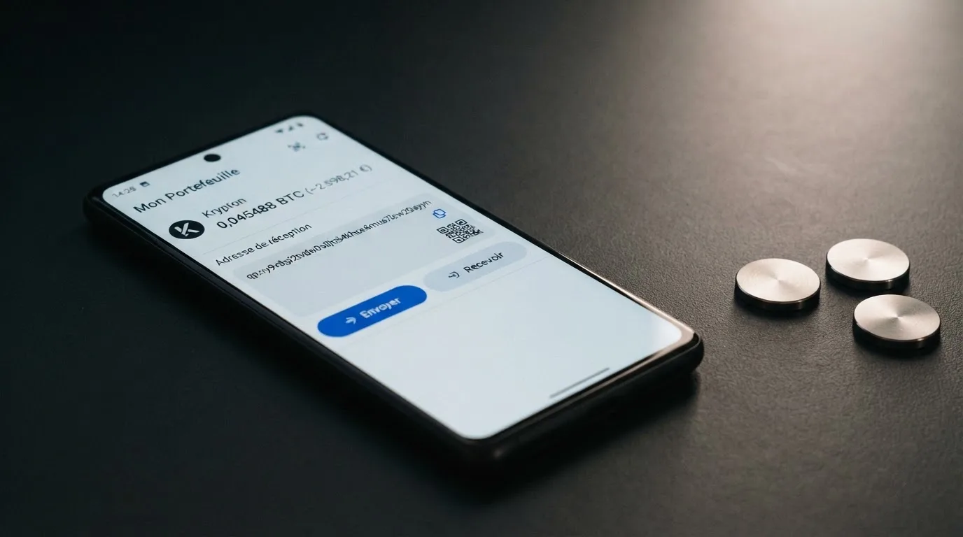 Gros plan sur une application de portefeuille crypto affichant une adresse Bitcoin Cash au format CashAddr commençant par la lettre q, sur fond de pièces BCH.