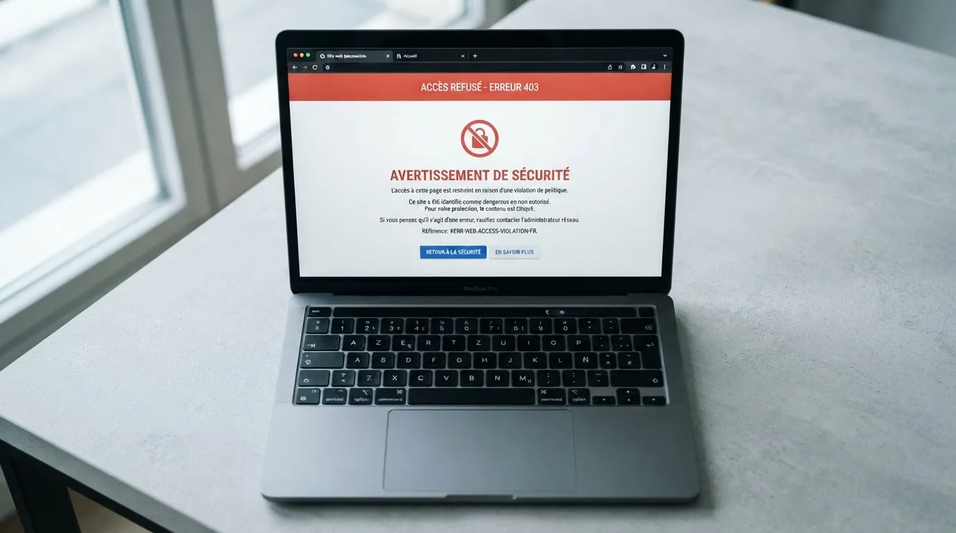 écran affichant un avertissement de blocage d'accès à un site de jeu