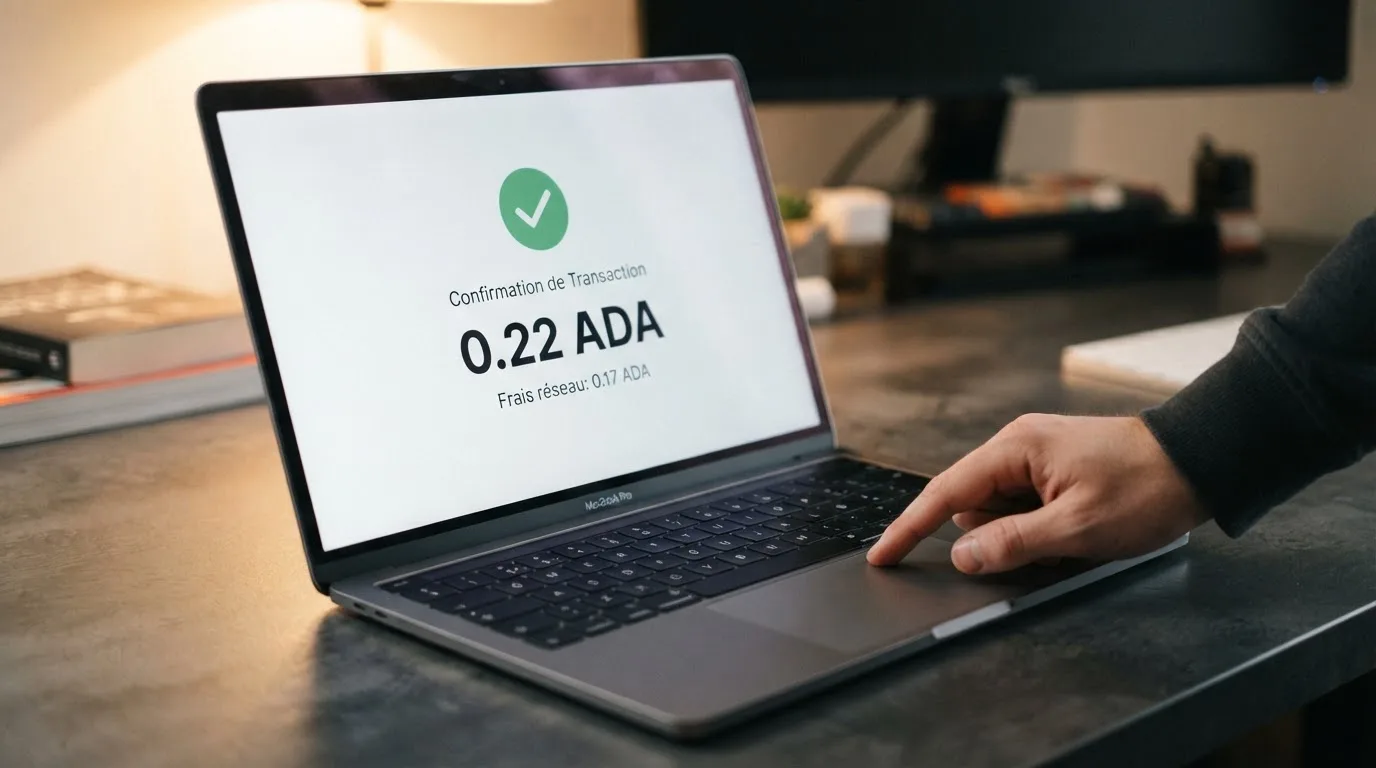 Confirmation d'une transaction Cardano affichée sur l'interface d'un casino en ligne, avec le montant des frais de réseau détaillé