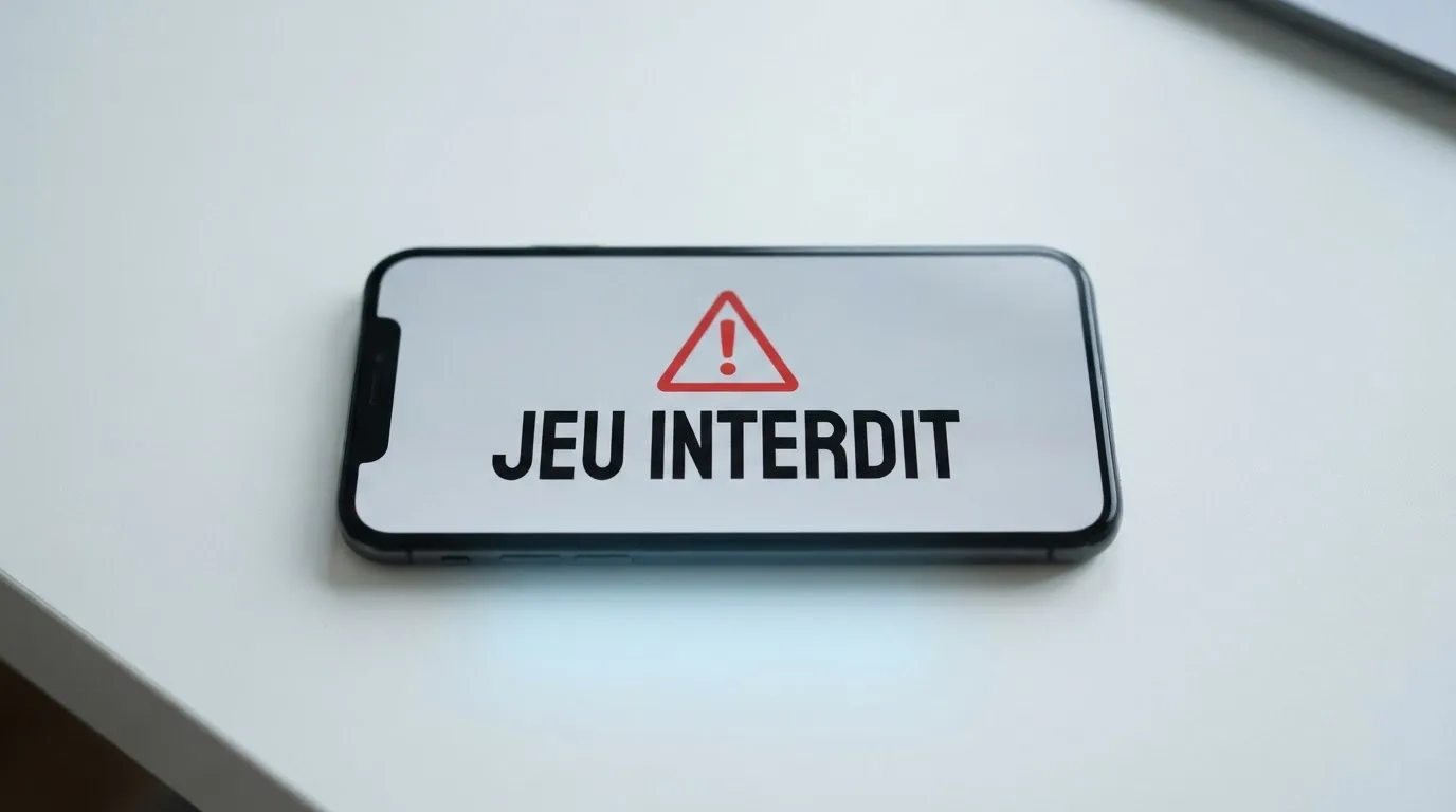 Écran de smartphone affichant un avertissement officiel sur les jeux d'argent illégaux en ligne en France
