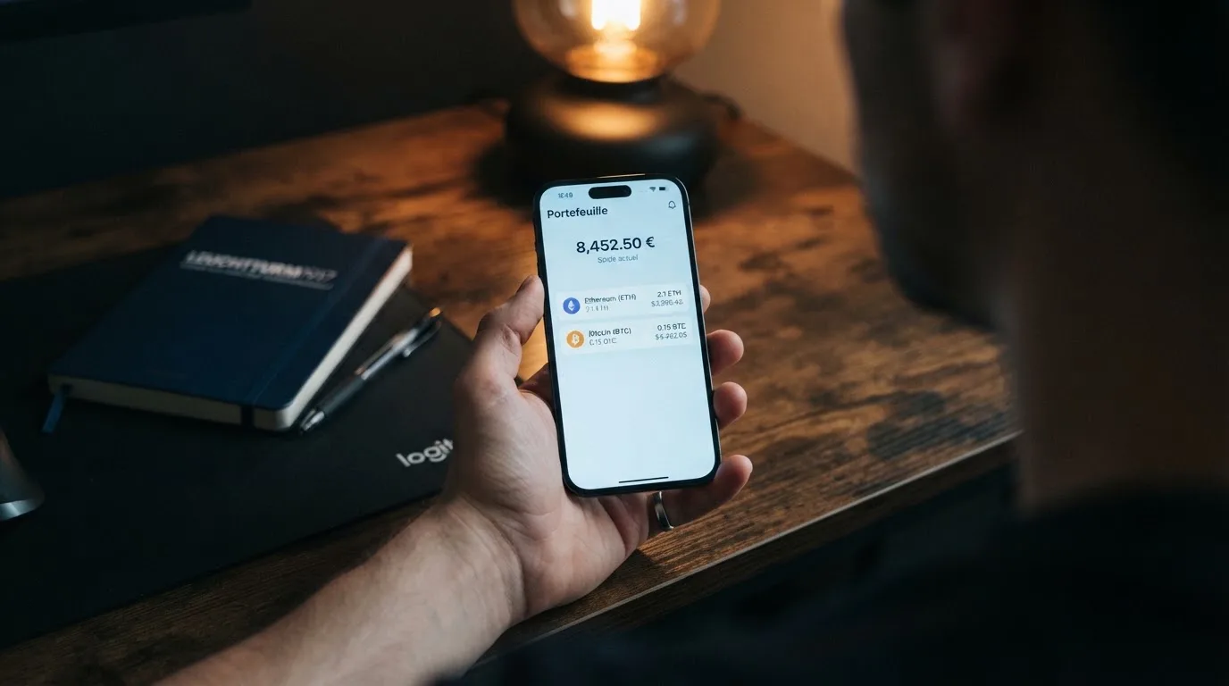 Portefeuille numérique affichant un solde en cryptomonnaie prêt à être transféré vers un compte de jeu