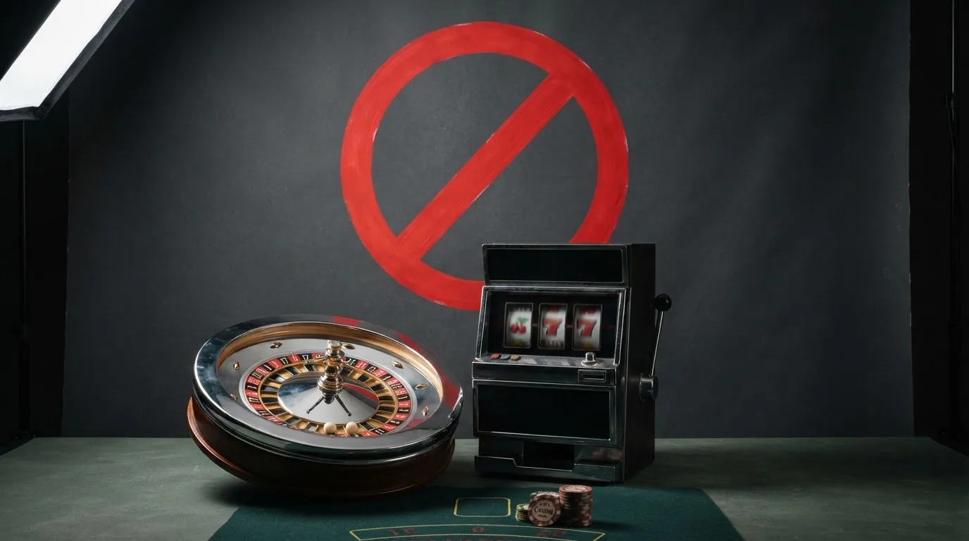 pictogramme d'interdiction superposé à une roulette et des machines à sous, illustrant l'interdiction du casino en ligne en France