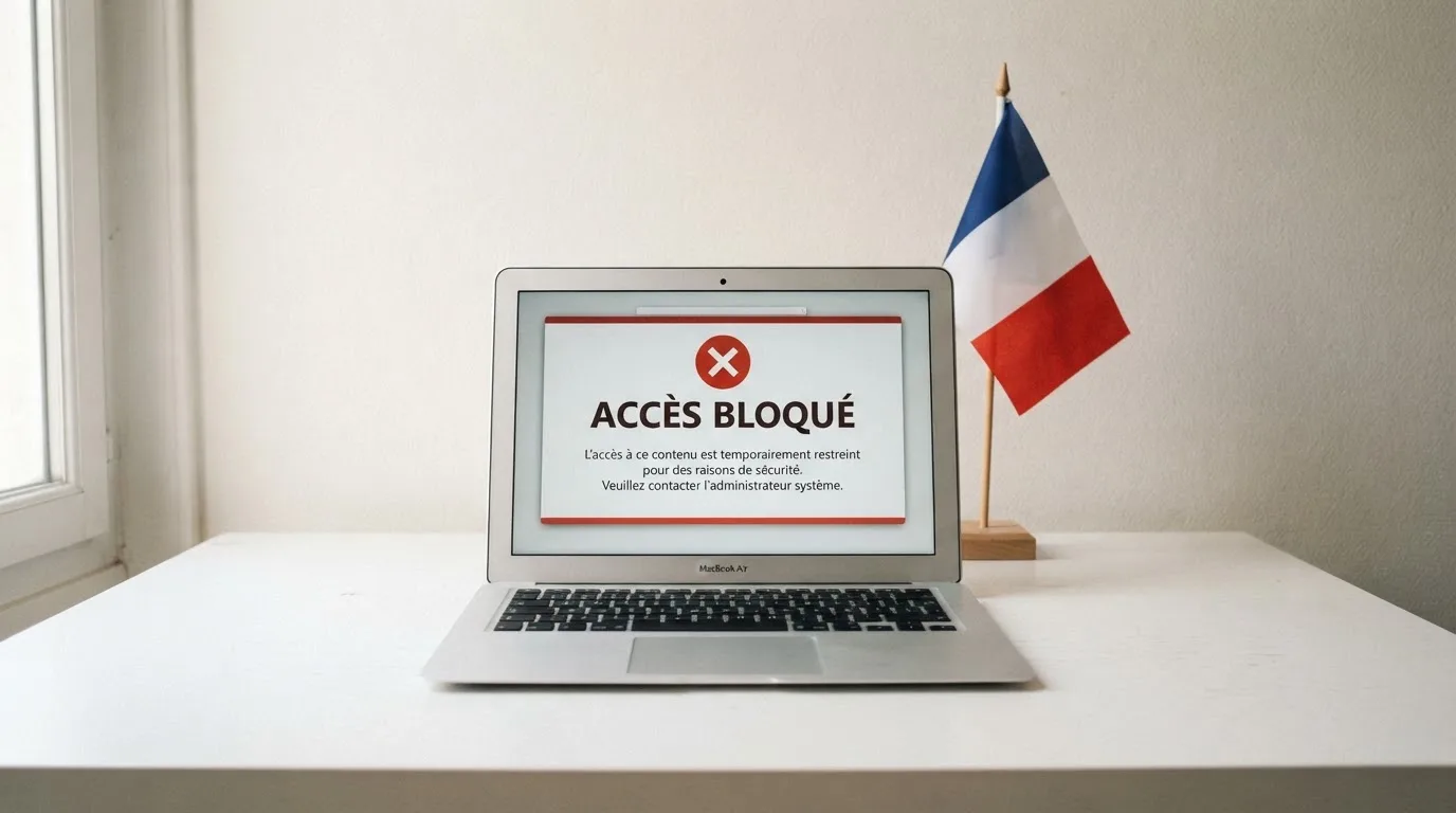 Un écran d'ordinateur affiche un message d'accès bloqué à un site de jeux d'argent non autorisé, sur fond de drapeau français stylisé.