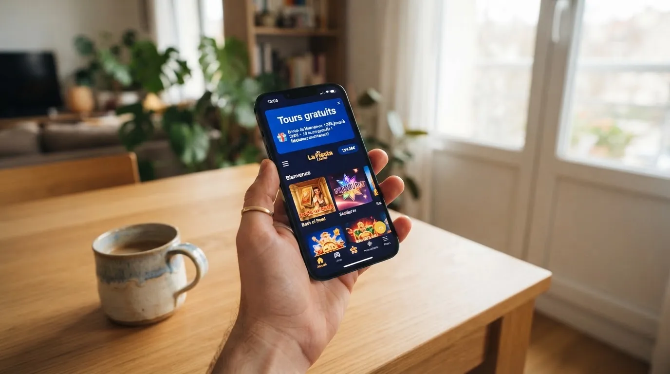 Écran de smartphone affichant l'interface mobile d'un casino en ligne avec une notification de tours gratuits