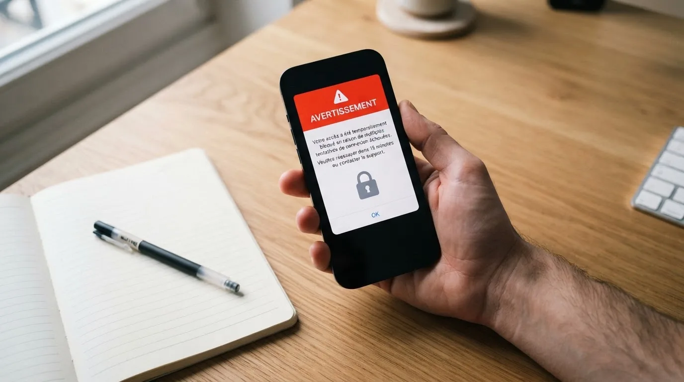 Main tenant un smartphone affichant un écran de blocage de site avec un message d'avertissement rouge, dans un décor évoquant un bureau administratif français.
