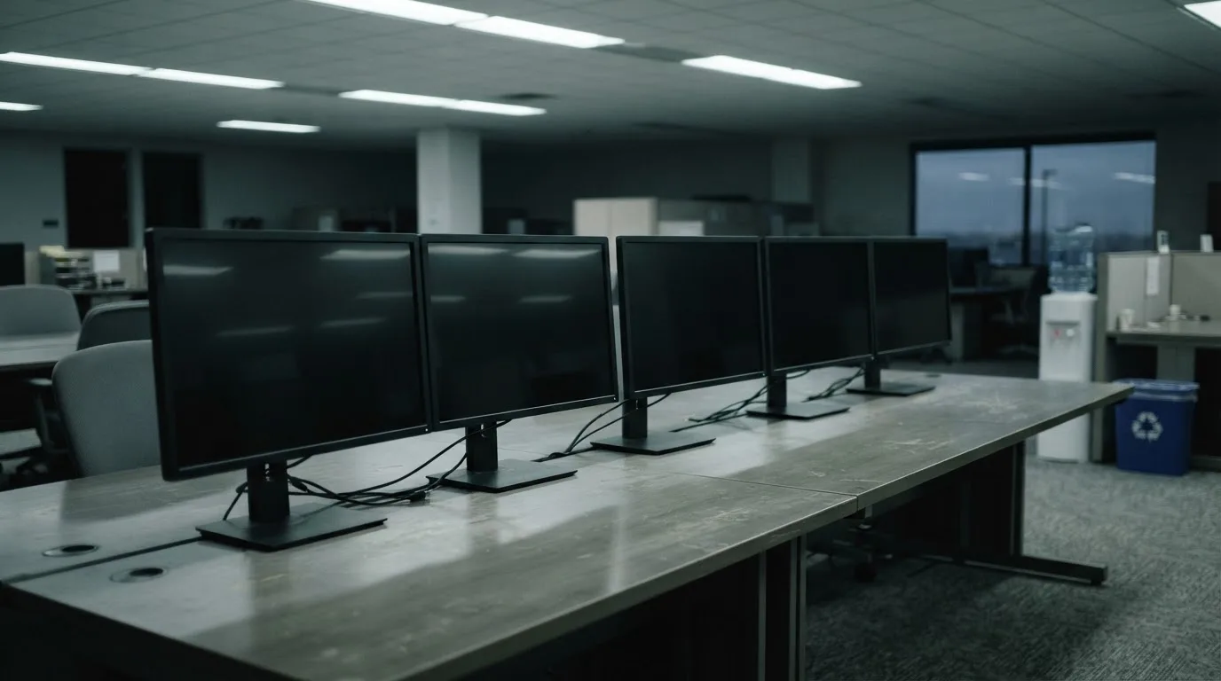 Une rangée d'écrans d'ordinateur éteints dans un bureau vide.