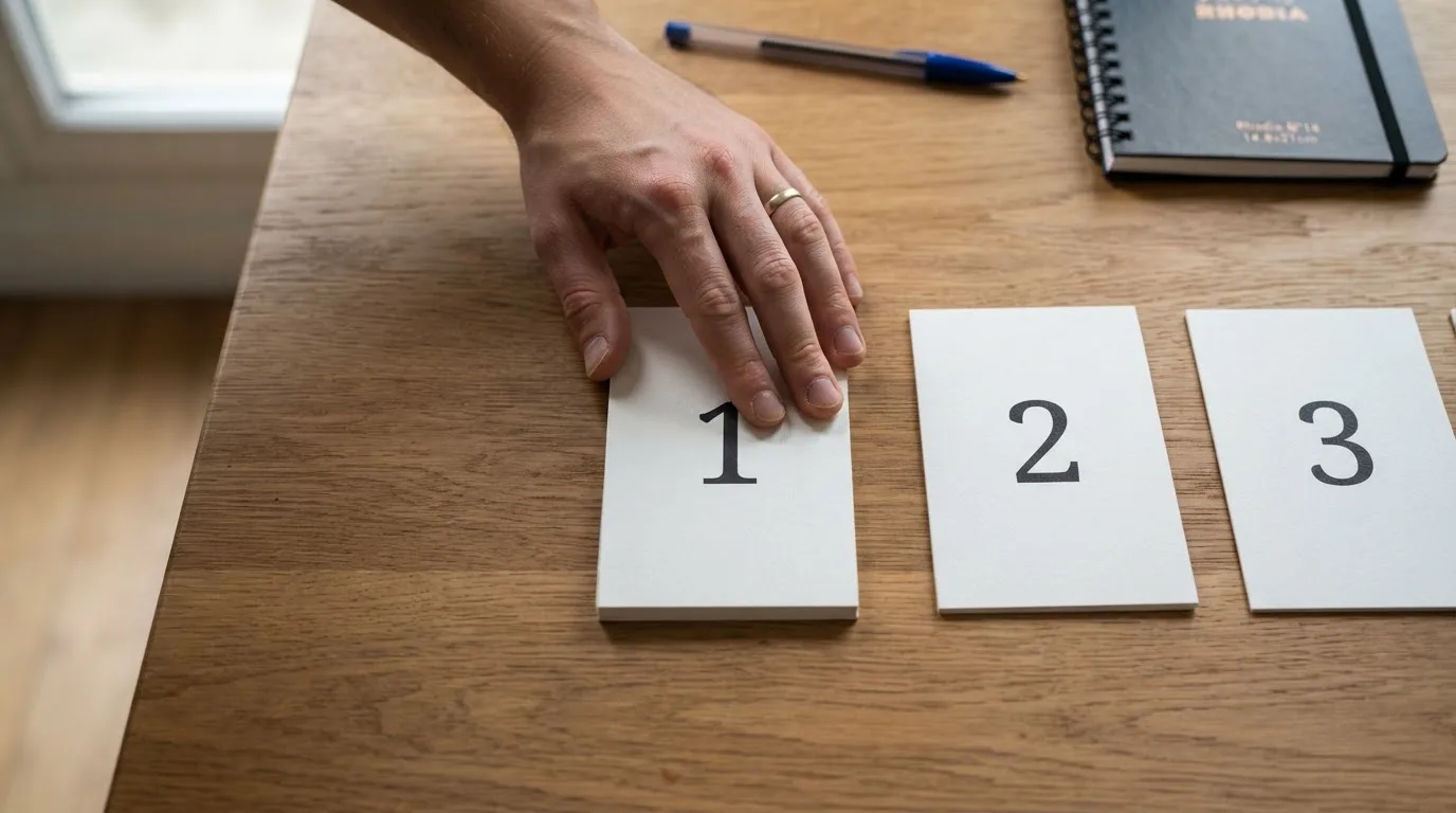 overhead flat-lay of a hand ranking printed casino logos on numbered cards on a desk
