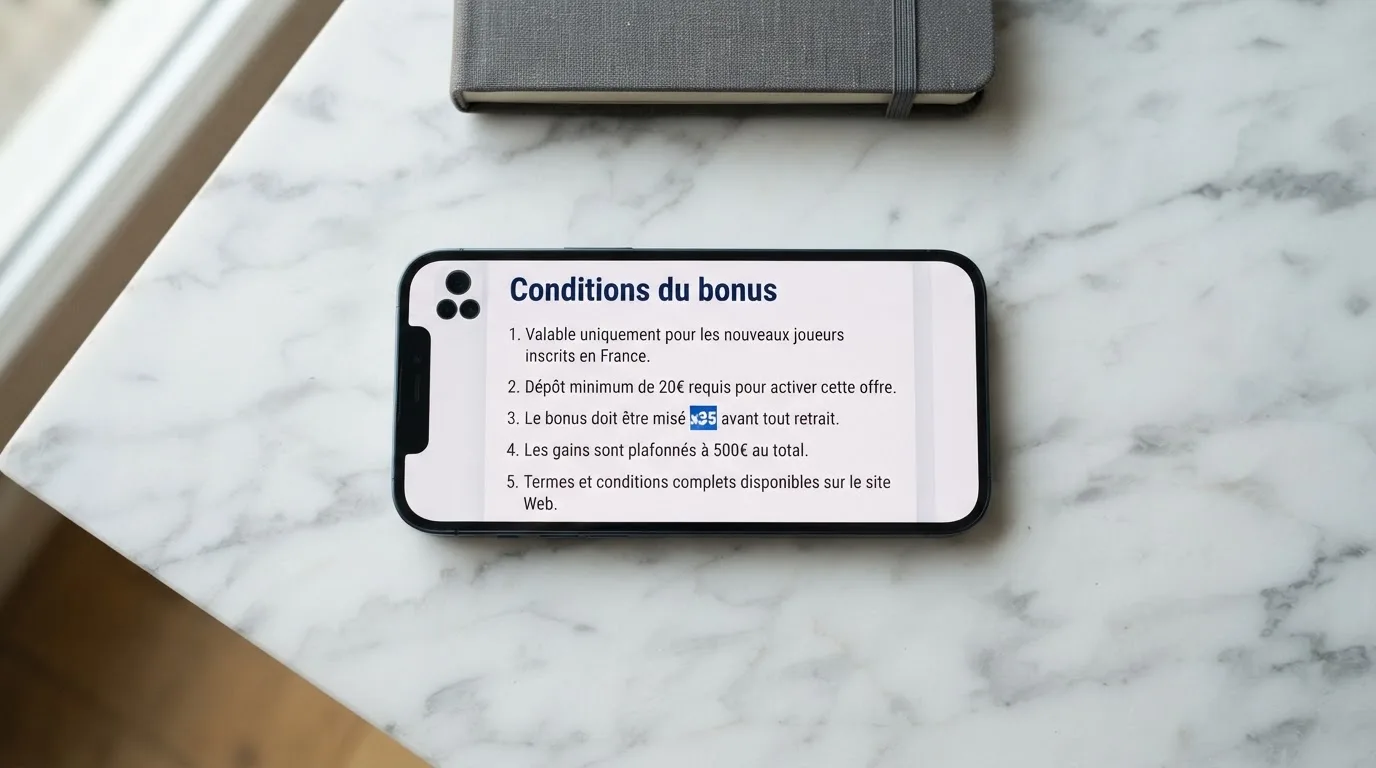 Capture d'ecran des conditions generales d'un bonus de bienvenue en ligne