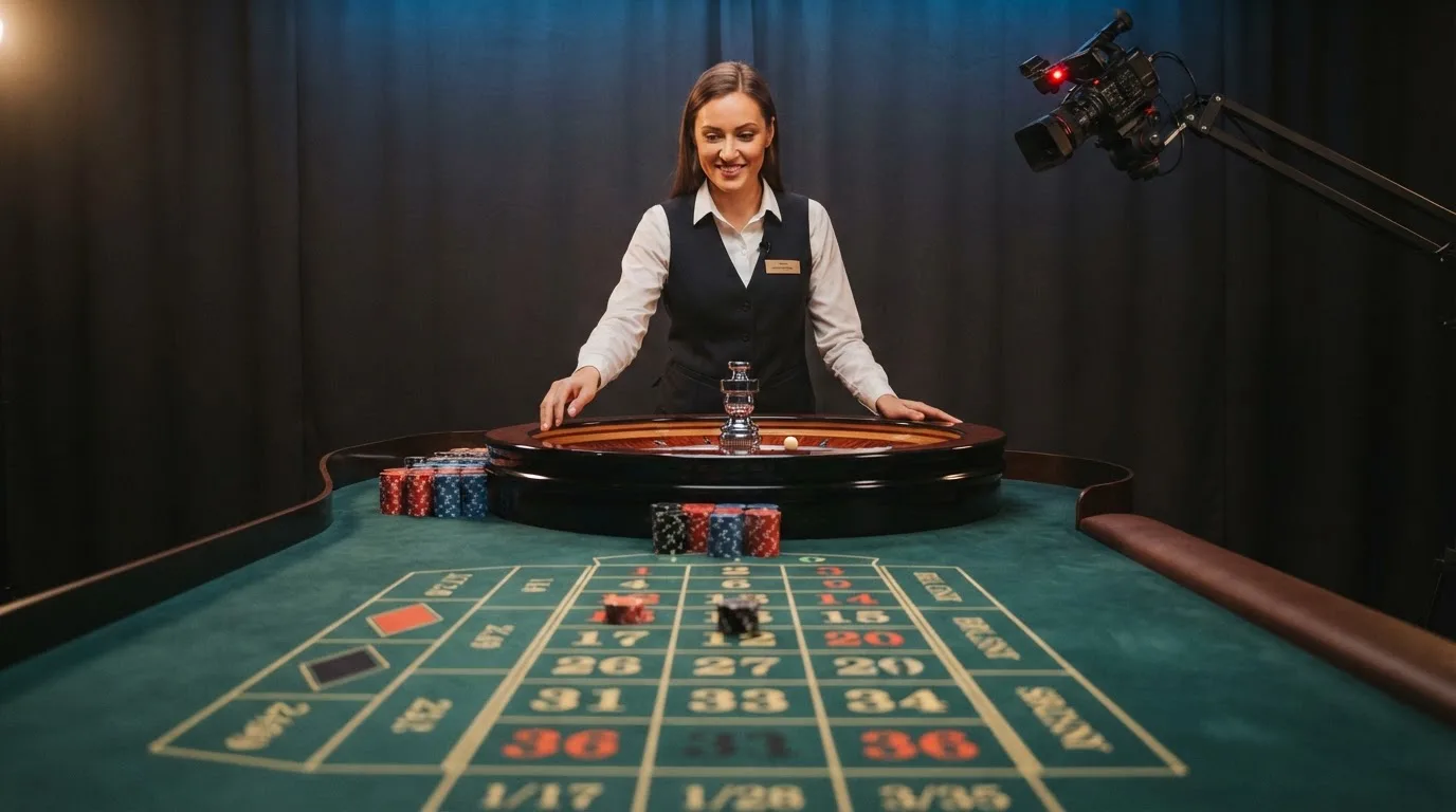 a live dealer standing at a roulette wheel under studio lighting, streaming camera visible above the table
