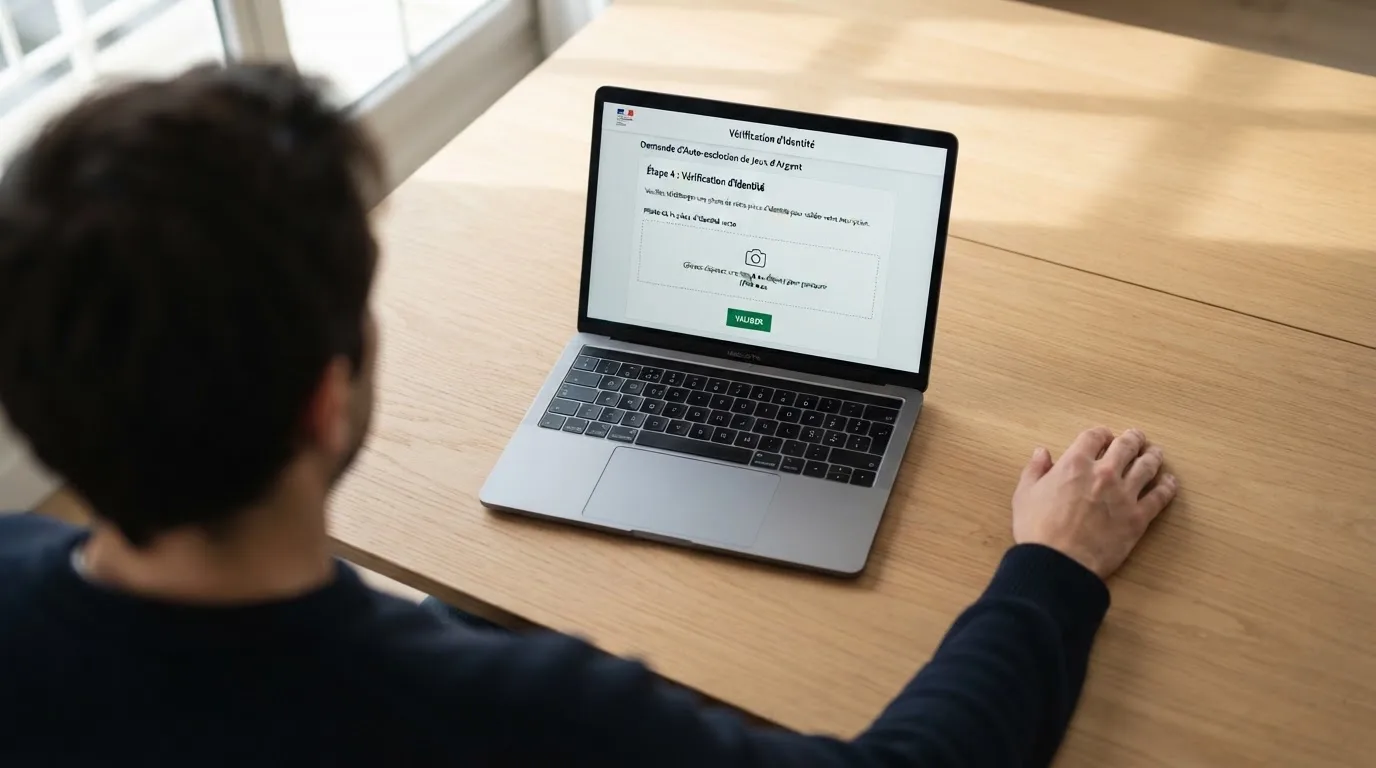 a laptop screen showing a government self-exclusion registration form with an identity-check step, no logos visible