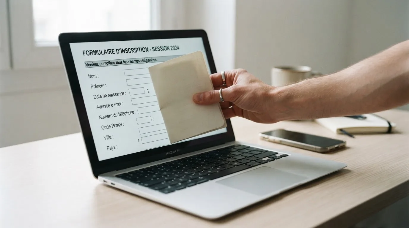 Close-up of a hand holding an identity document next to a laptop showing an online registration form