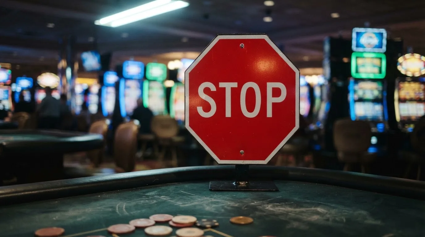 a red official-style stop/prohibition icon overlaid on a blurred casino slot-reel background