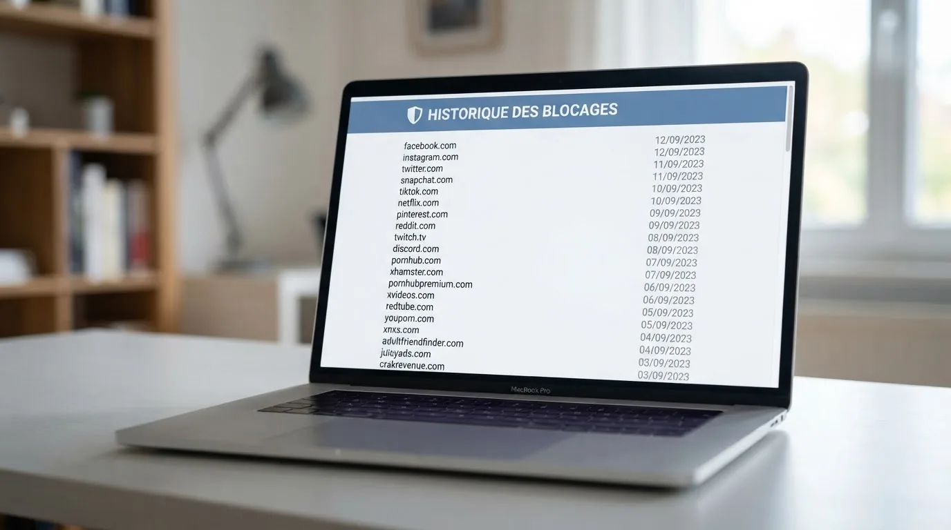Une page de liste noire de sites bloqués affichée dans un navigateur, avec une colonne de dates