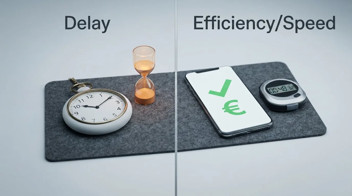 a split-screen graphic comparing a slow bank-transfer icon against a fast blockchain-transfer icon with a stopwatch