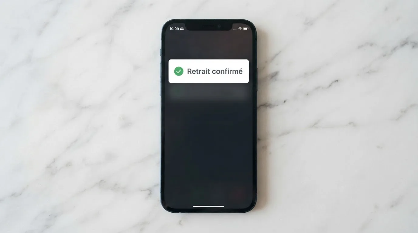 notification de confirmation de retrait affichée sur un téléphone mobile