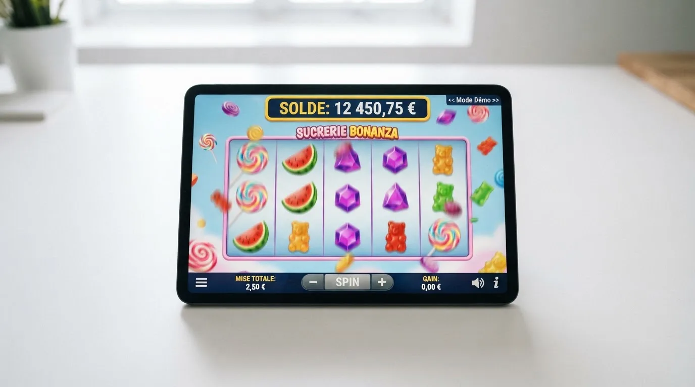 Interface de mode démo d'une machine à sous en ligne, avec un solde affiché en argent fictif